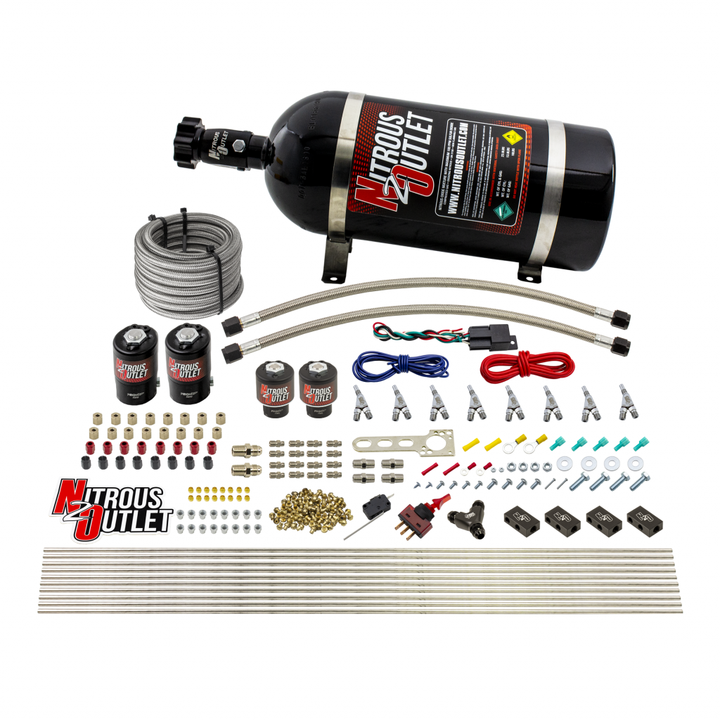 8 Cylinder Single Stage Direct Port Nitrous System - .122 Nitrous/.177 Fuel Solenoids - Alcohol - Straight Blow Through Nozzles