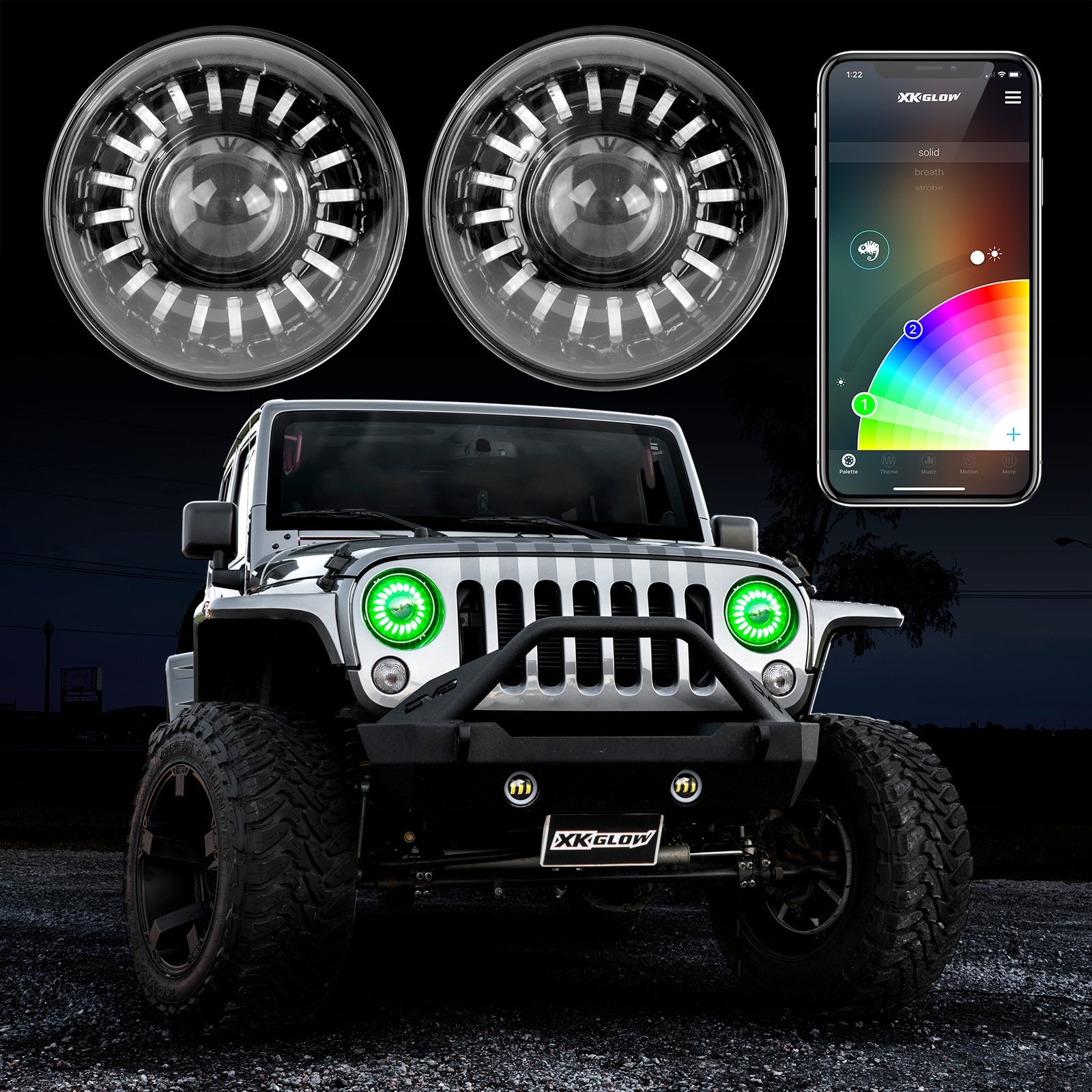 7" LED Headlight Kit for Jeep | XKchrome Smartphone App