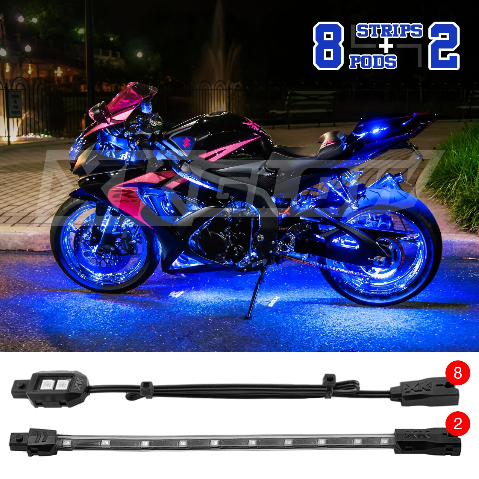 8xPod + 2x8"Strips Single Color XKGLOW LED Accent Light Motorcycle Kit