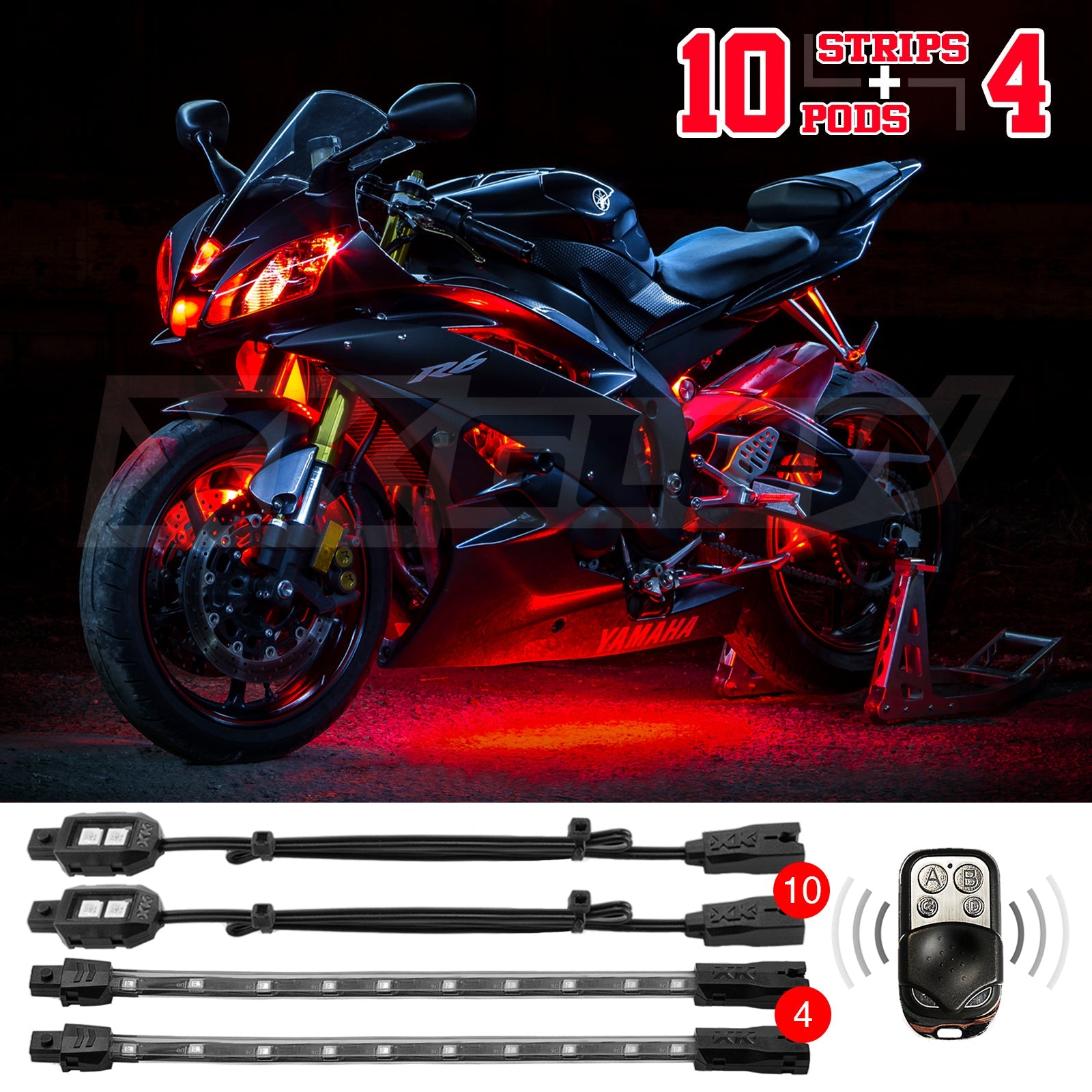 10xPod + 4x8"Strips Single Color XKGLOW LED Accent Light Motorcycle Kit