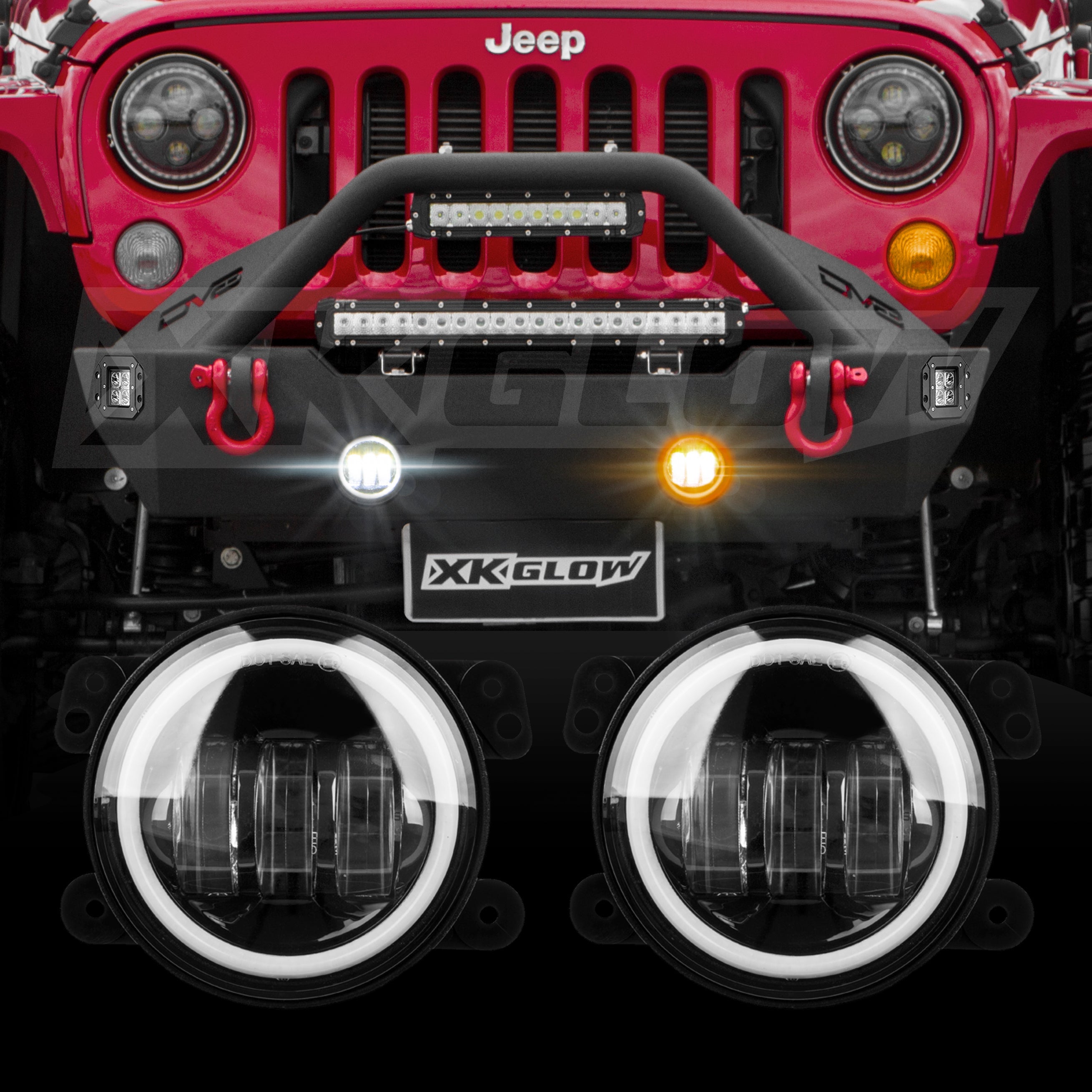 4in Fog Light JEEP 2pc Kit with Switchback Halo White DRL + Amber Turn Signal