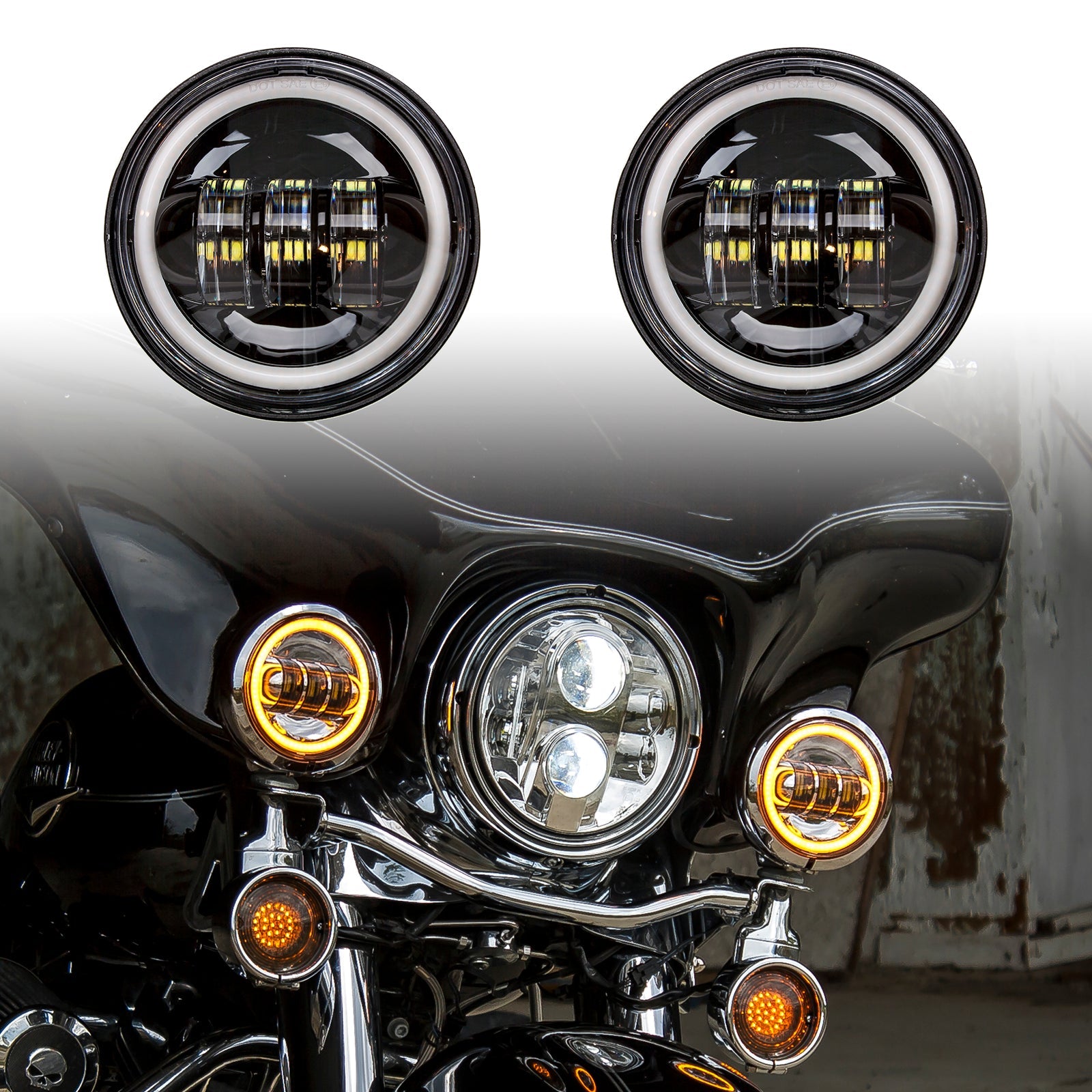 4.5" Motorcycle LED Passing Lights Kit with Amber Halo Turn Signal