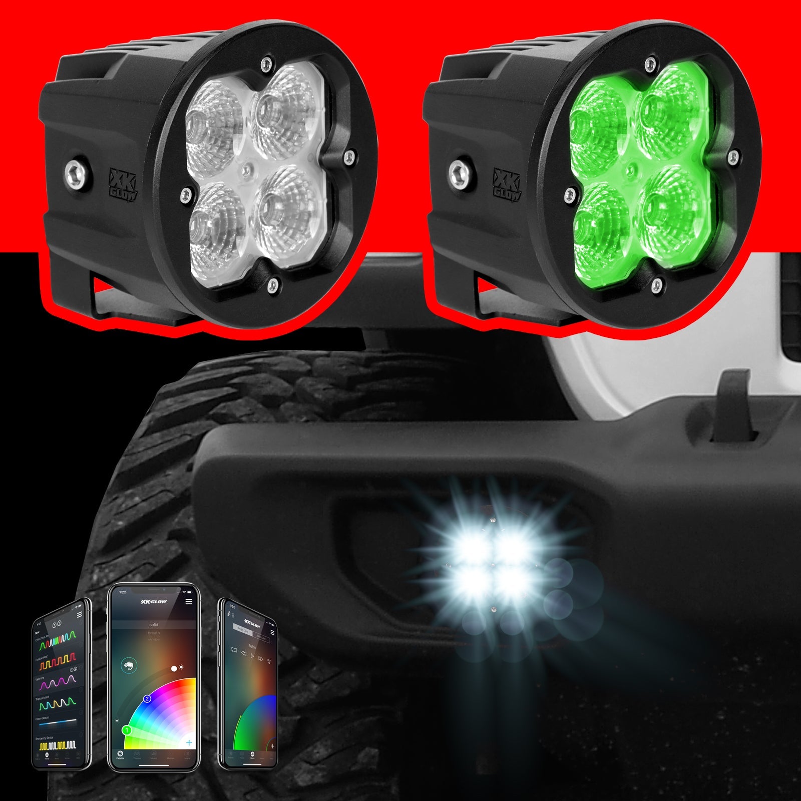 2pc Round XKchrome 20w LED Cube Light with RGB Accent Light Kit w/ Controller & Fog Mount